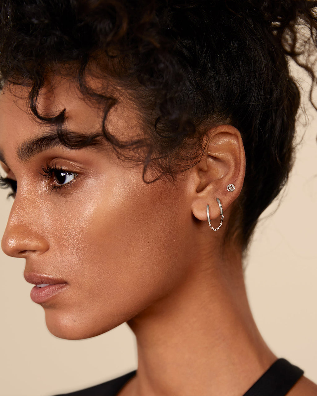 Double Huggie Dangle Chain Earrings