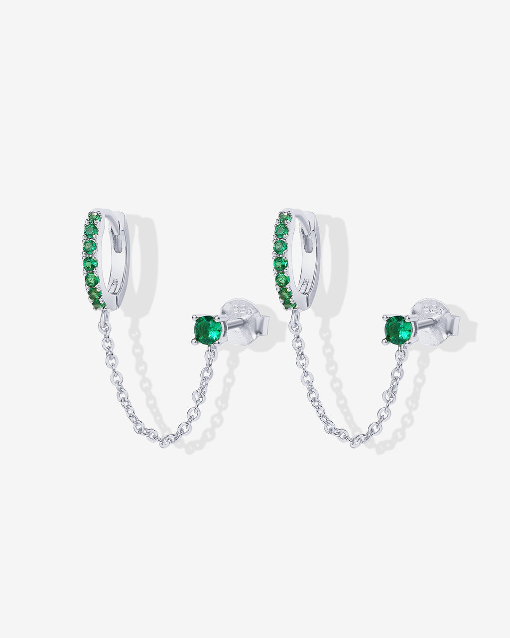 Chained Huggie Hoop with Green CZ Stud