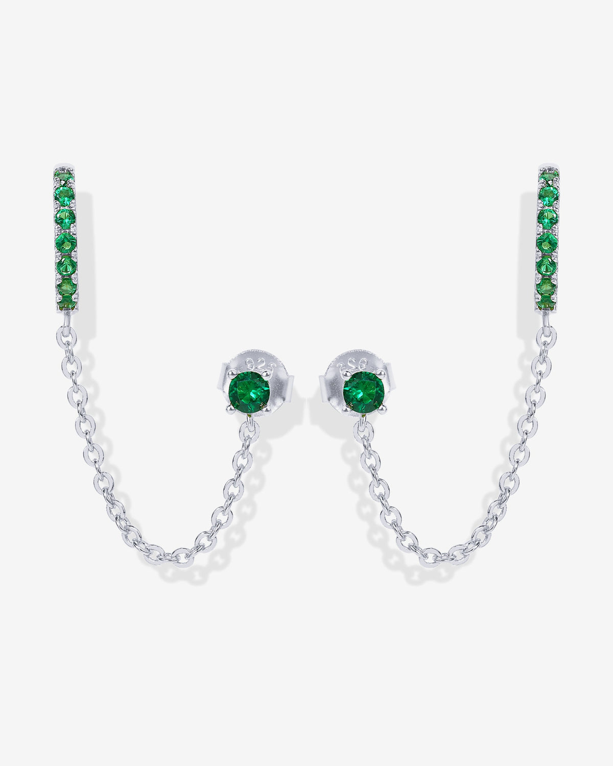 Chained Huggie Hoop with Green CZ Stud