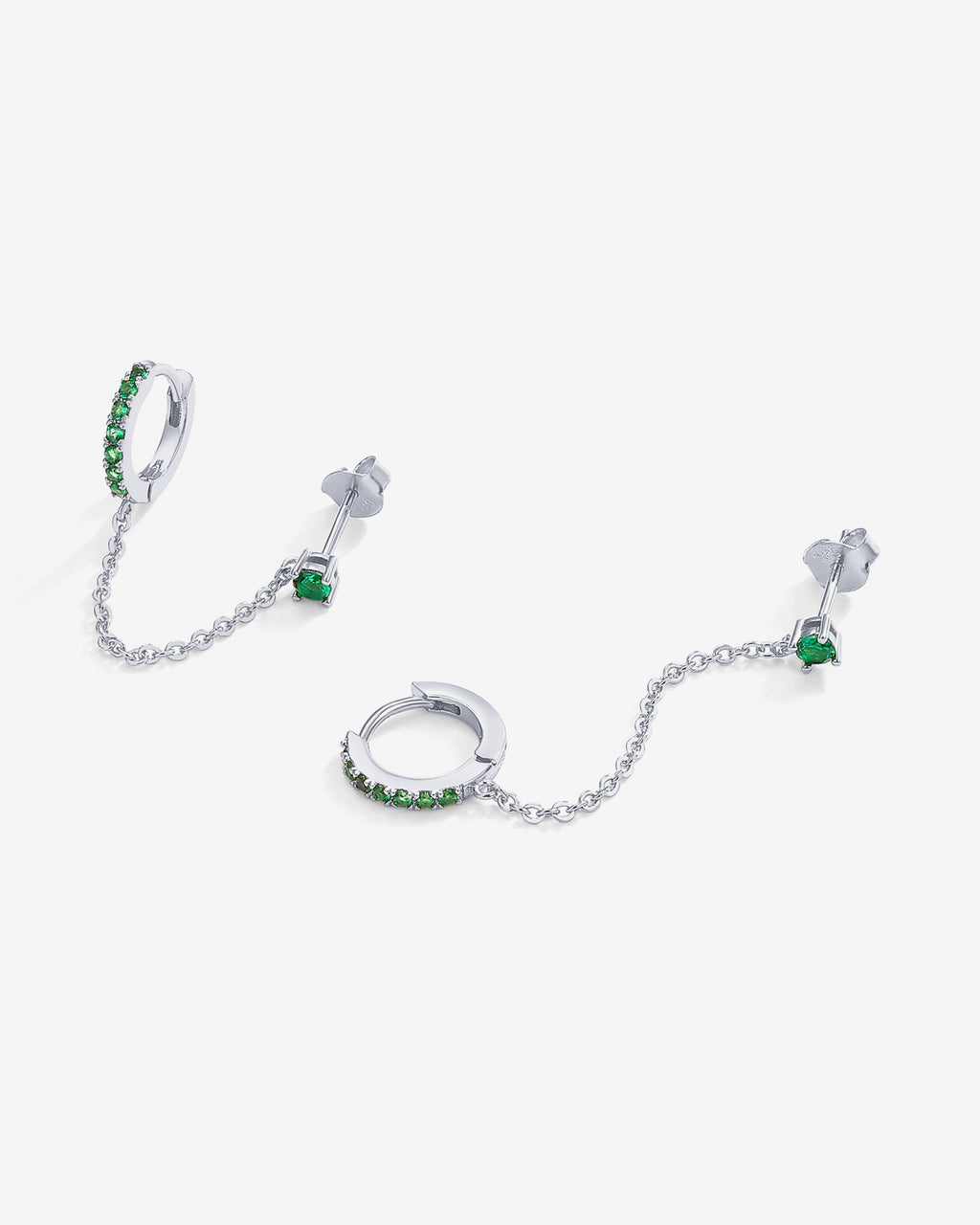 Chained Huggie Hoop with Green CZ Stud
