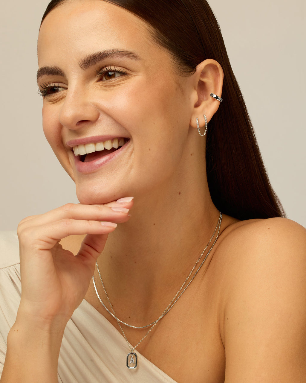 Double Hoop CZ Chained Huggie Hoop